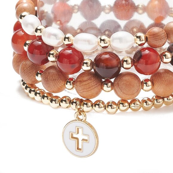 NWOT 4pc stacking set Natural Pearl, Agate and Wood Beaded Stretch Bracelets - Picture 4 of 8